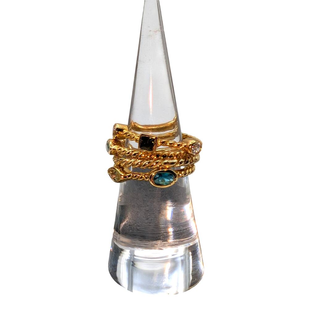 Four Stackable 925 Sterling Vermeil Bezel Set Crystal Gold Tone Rope Band Rings